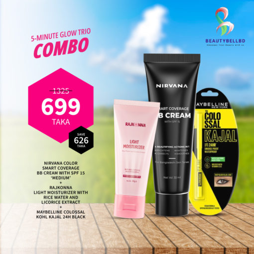 5-Minute Glow Trio (Nirvana Color Bb Cream - Medium + Rajkonna Light Moisturizer + Maybelline Colossal Kohl Kajal ) - Image 1