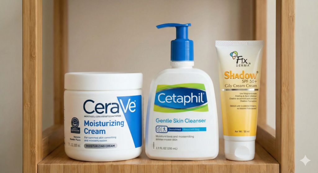 Dermatologist recommended moisturizers CeraVe Cetaphil Fixderma