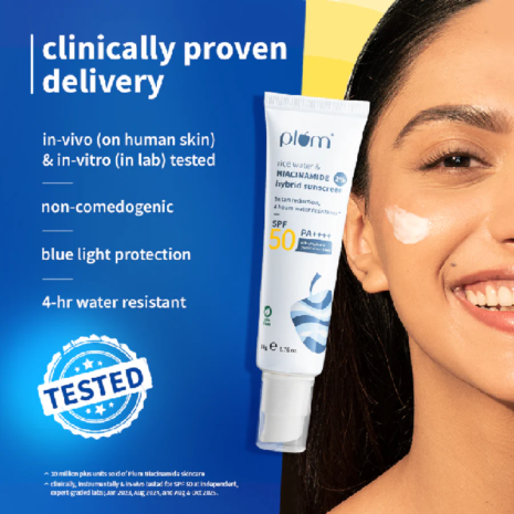 Plum 2% Niacinamide & Rice Water Hybrid Sunscreen SPF50 PA+++ Plum 2% Niacinamide & Rice Water Hybrid Sunscreen SPF50 PA+++