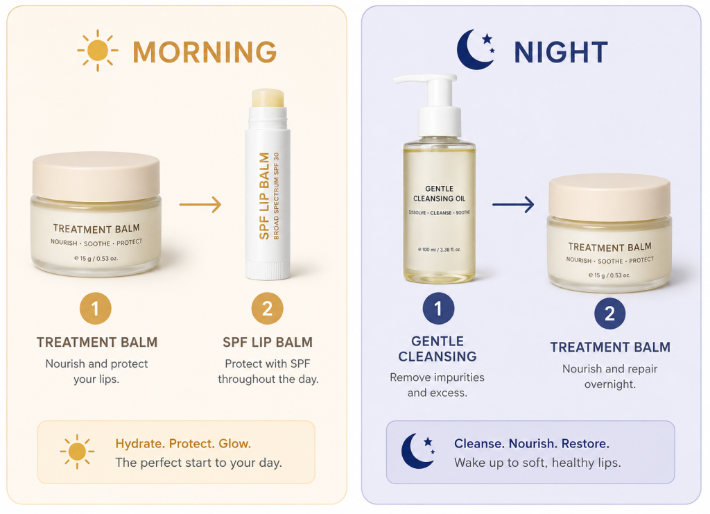 Morning and night lip care routine for dry and pigmented lips