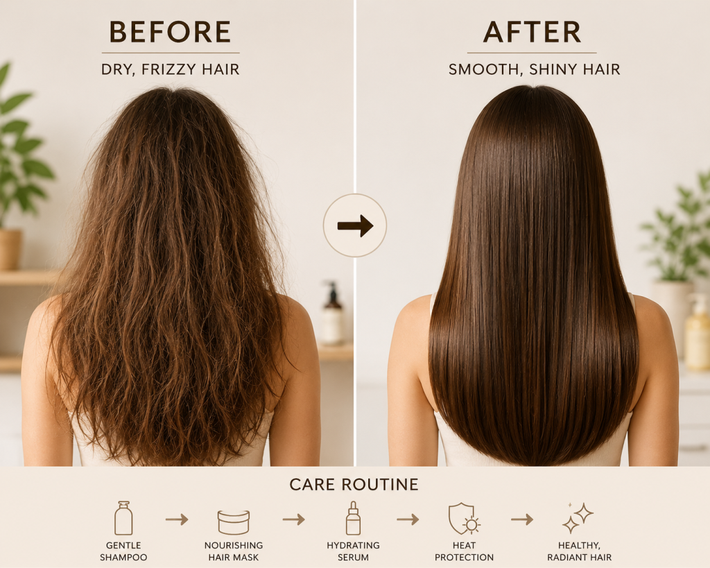 Damaged Hair এর জন্য Best Hair Mask: Complete Repair Guide 4 Dry frizzy hair before এবং smooth shiny hair after routine