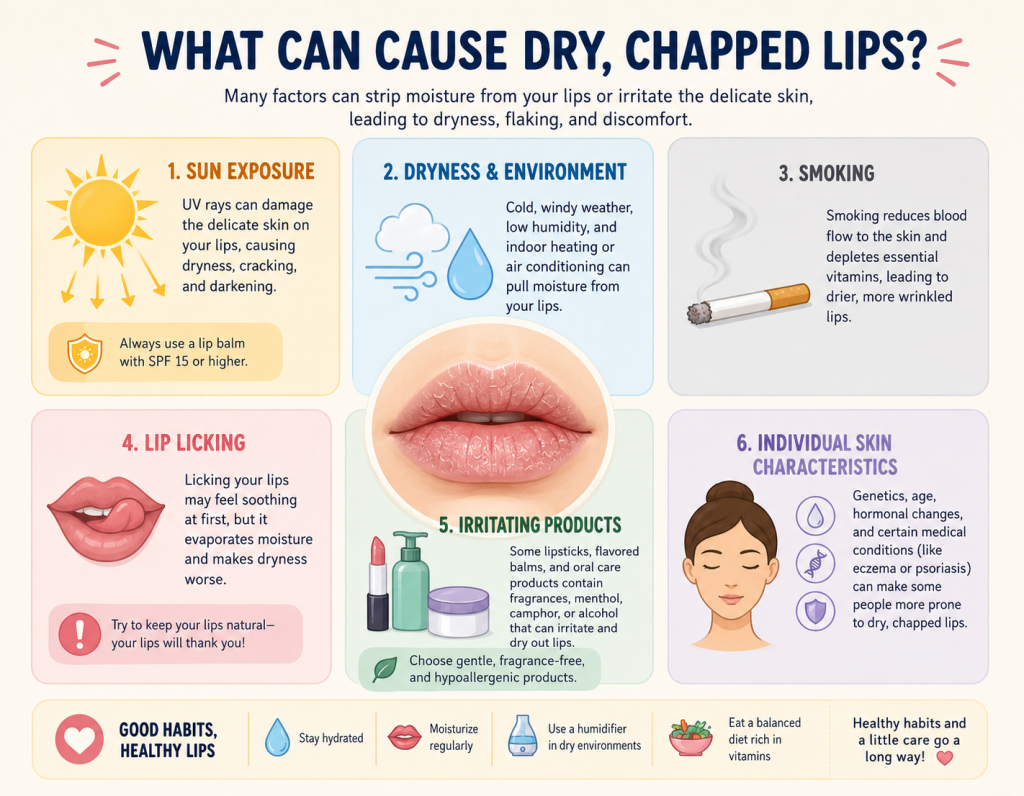 Common causes of lip pigmentation including sun exposure dryness smoking and irritation
