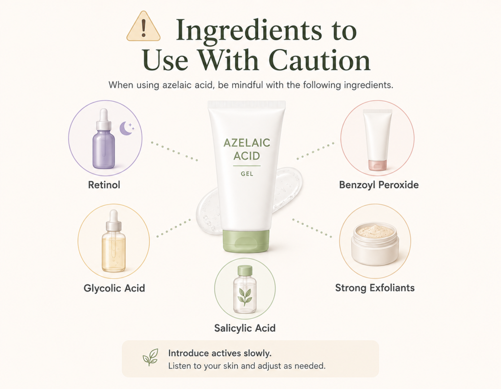 Morning skincare routine with cleanser azelaic acid moisturizer and sunscreen