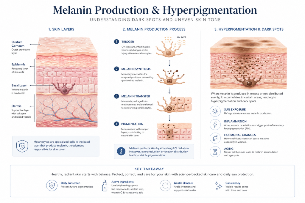 Azelaic Acid For Hyperpigmentation &Amp; Dark Spots: দাগহীন ও উজ্জ্বল ত্বকের জন্য একটি কার্যকর সমাধান 3 Illustration showing melanin production in skin