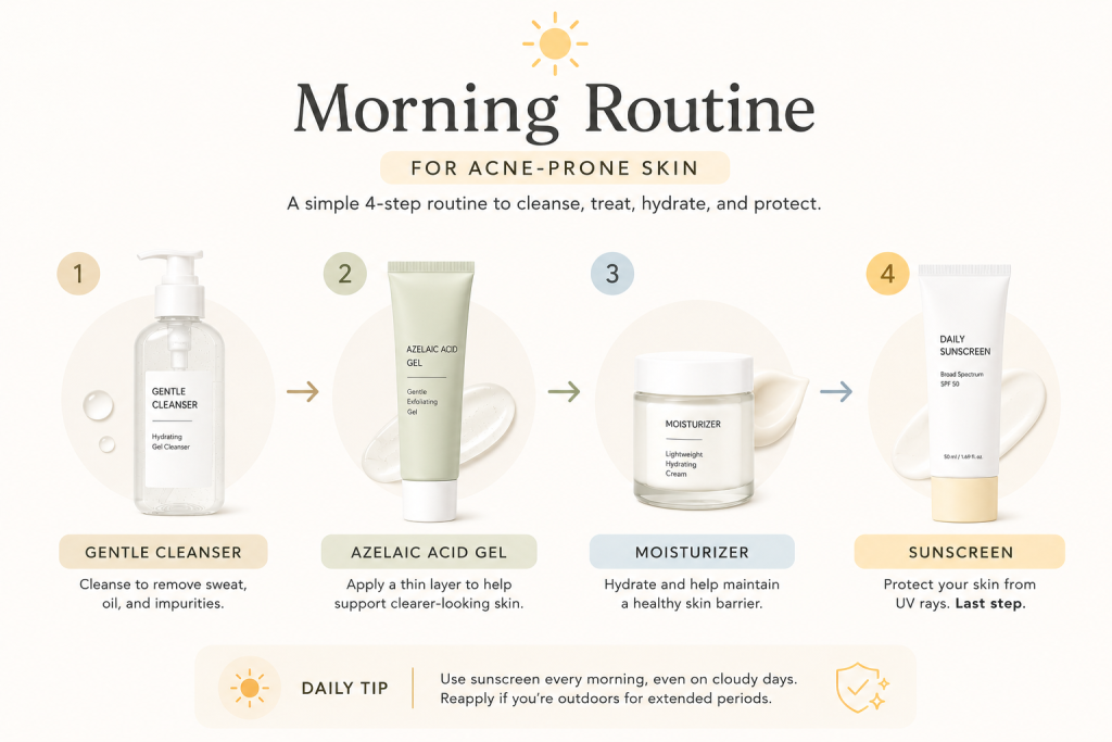 Azelaic Acid For Acne: Does It Really Work? 7 Morning azelaic acid acne routine with moisturizer and sunscreen