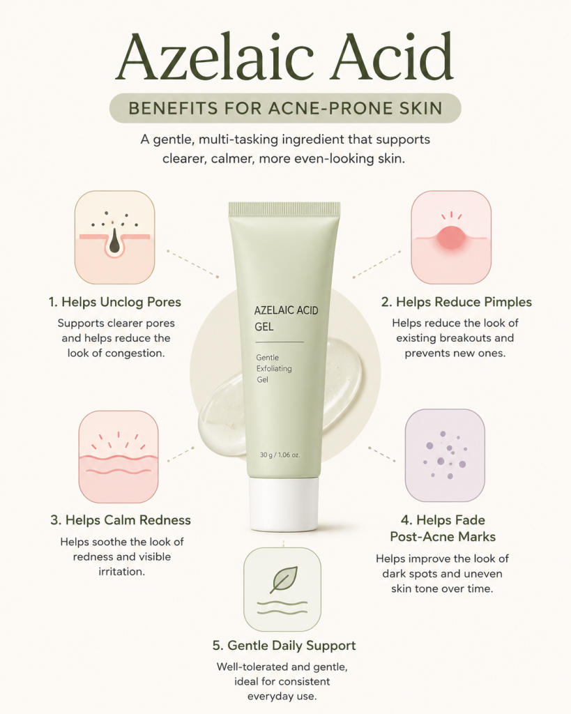 Azelaic Acid For Acne: Does It Really Work? 3 Azelaic acid benefits for acne prone skin clogged pores redness and post acne marks