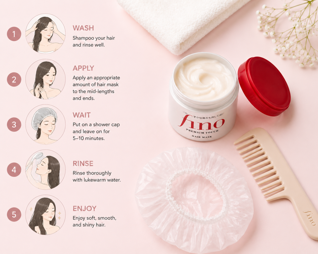 Shiseido Fino mask treatment tutorial flat-lay