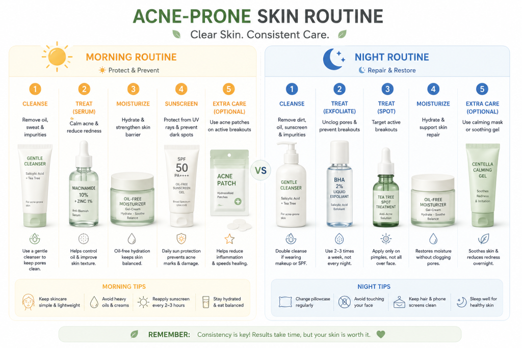 Acne-Prone Skin Routine Bd: Simple Skincare Routine For Pimples And Breakouts 3 Morning and night acne-prone skin routine in Bangladesh