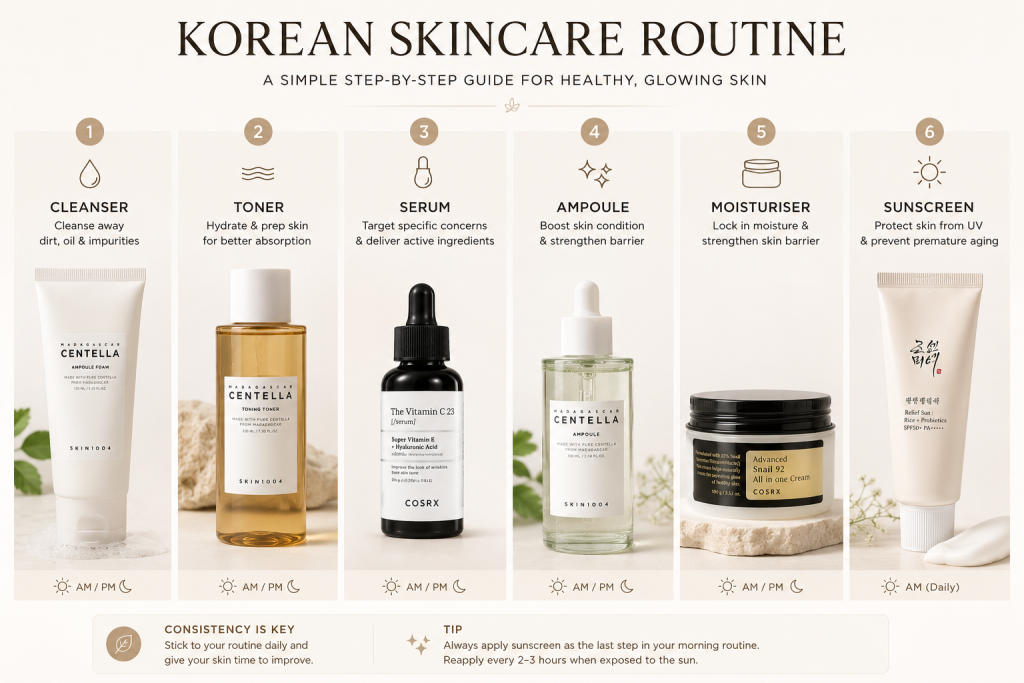 Korean skincare routine using Skin1004 COSRX and Beauty of Joseon