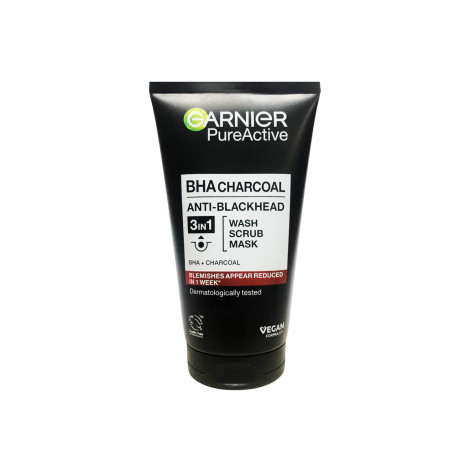 Garnier Pure Active Bha Charcoal Anti Blackhead 3In1 Wash Scrub Mask 150Ml 1 Garnier Pure Active BHA Charcoal Anti Blackhead 3in1 Wash Scrub Mask 150ml