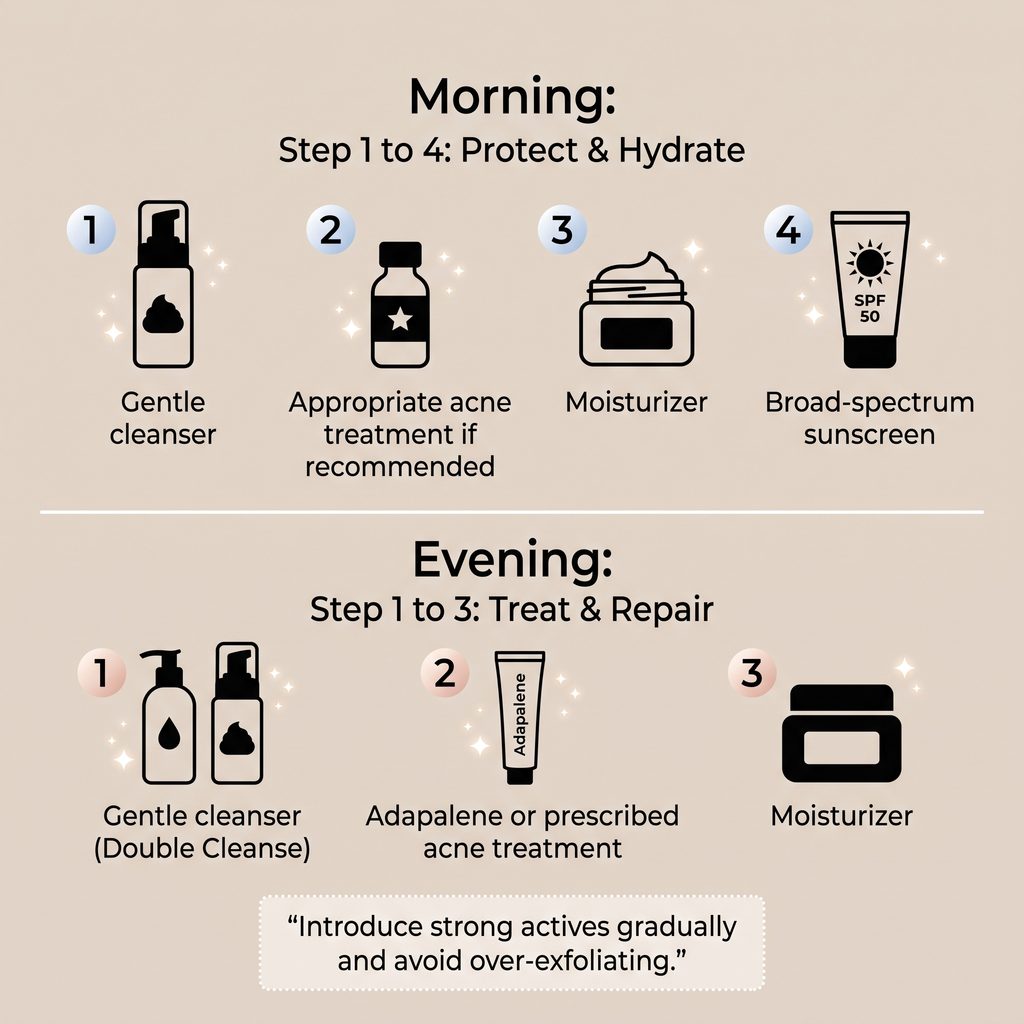 tep-by-step adapalene evening routine with cleanser, thin treatment layer and moisturizer
