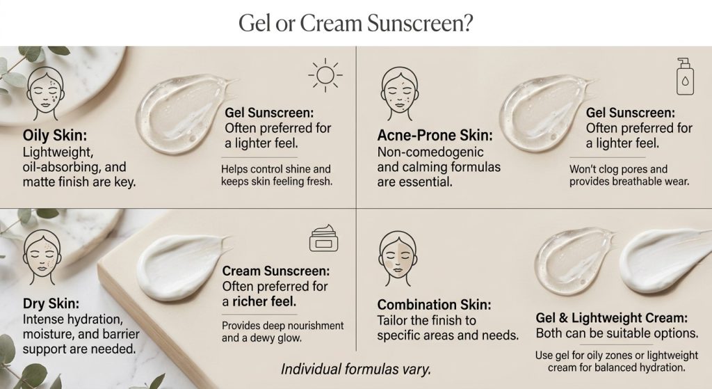 Guide comparing gel and cream sunscreen for oily, dry, combination and acne-prone skin