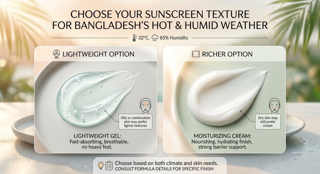 Gel and cream sunscreen compared for warm humid weather in Bangladesh