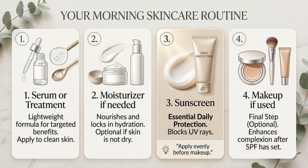 Morning skincare routine showing serum moisturizer sunscreen and makeup order