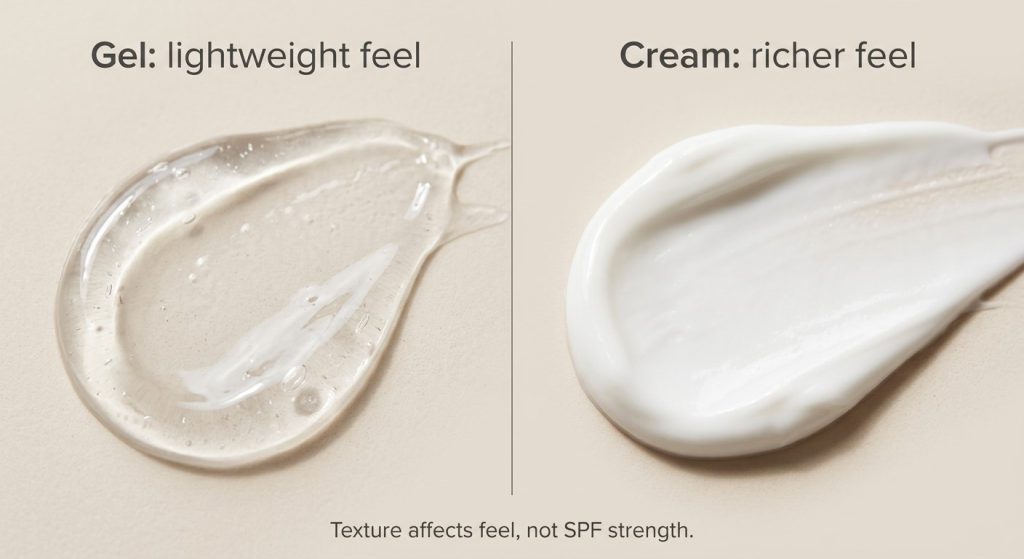 Close-up comparison of lightweight gel sunscreen and richer cream sunscreen texture
