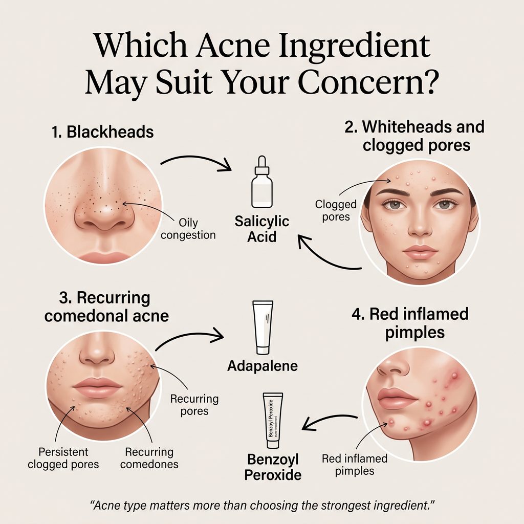 Diagram matching blackheads, whiteheads and inflamed pimples with acne treatment options