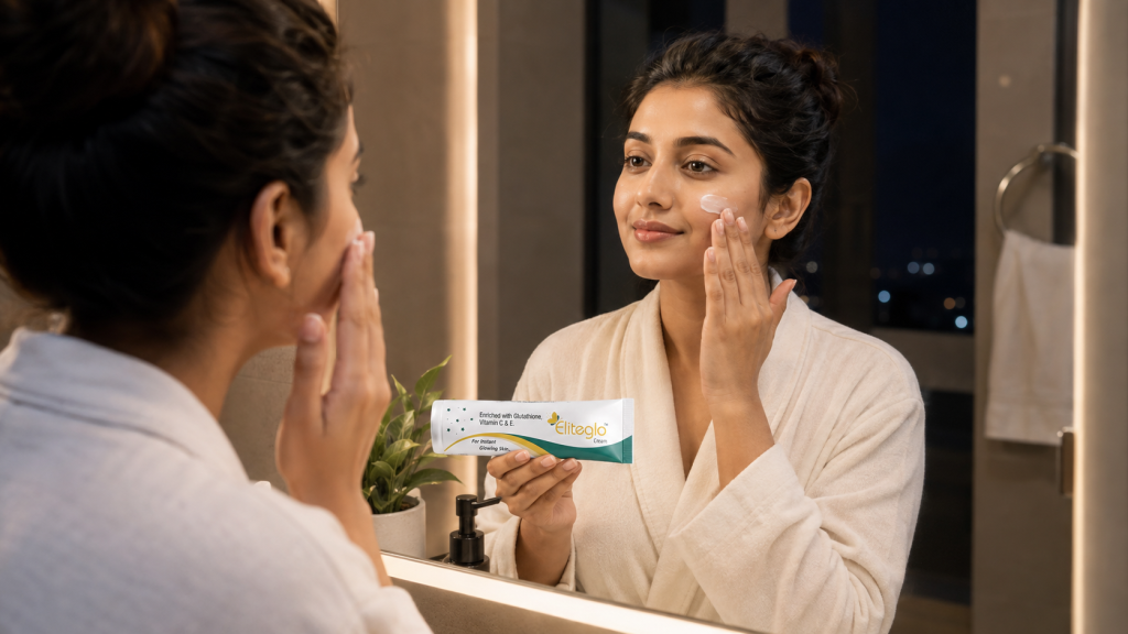 Glow Routine in a Warm Bathroom Mirror