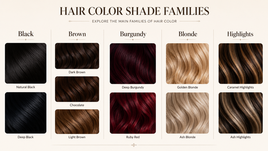 The Complete Hair Color Guide: How To Choose The Right Hair Color For You 5 Hair color shade family guide showing brown burgundy blonde black and warm and cool variations