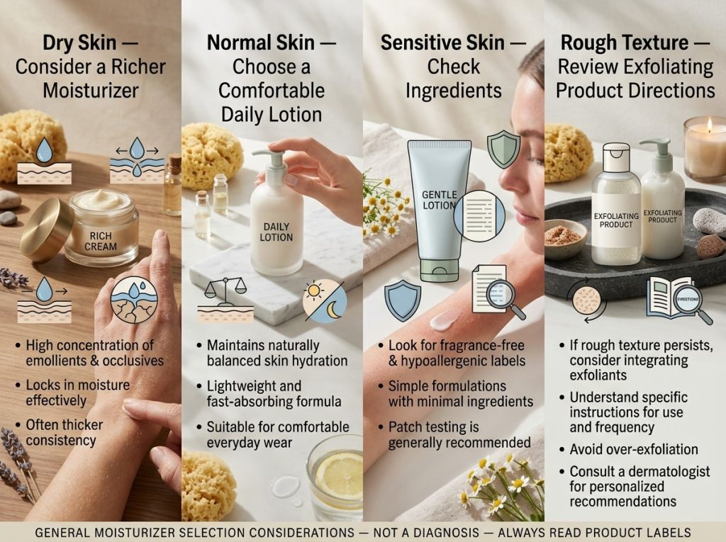 Guide to choosing a body moisturizer for dry, normal, sensitive, and rough-textured skin